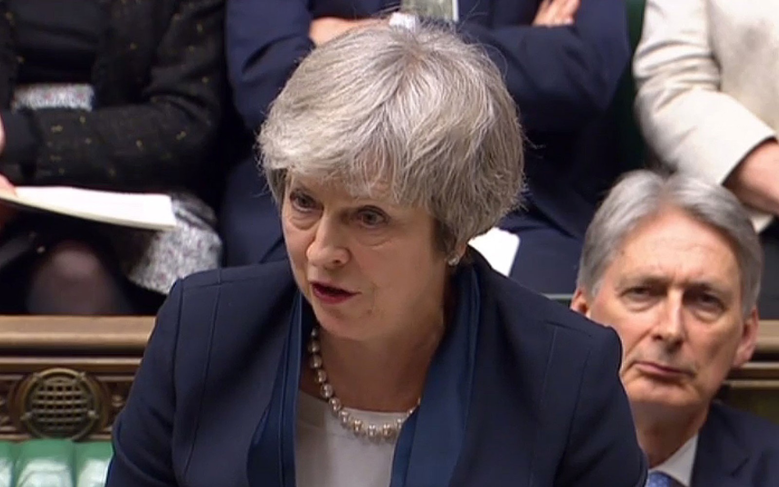 Imagem de vídeo da primeira-ministra britânica Theresa May durante discurso na Câmara dos Comuns, no Parlamento, em Londres, antes da votação do Brexitna terça-feira (15) — Foto: HO/PRU/AFP