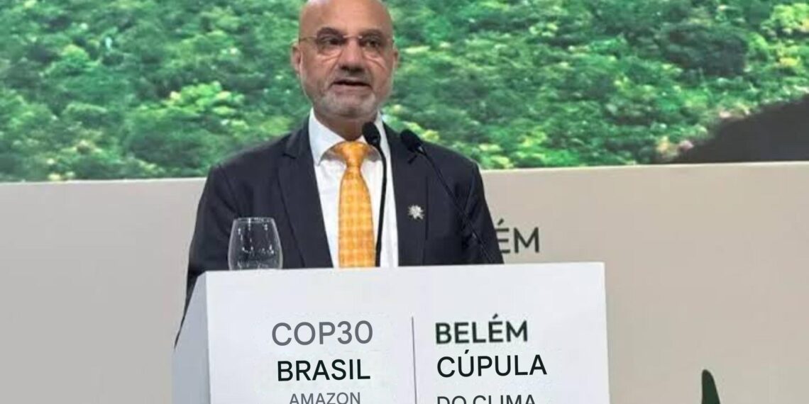 O embaixador da Índia no Brasil, Dinesh Bhatia, apresenta a “declaração nacional da Índia” na reunião de líderes.