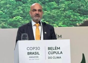 O embaixador da Índia no Brasil, Dinesh Bhatia, apresenta a “declaração nacional da Índia” na reunião de líderes.