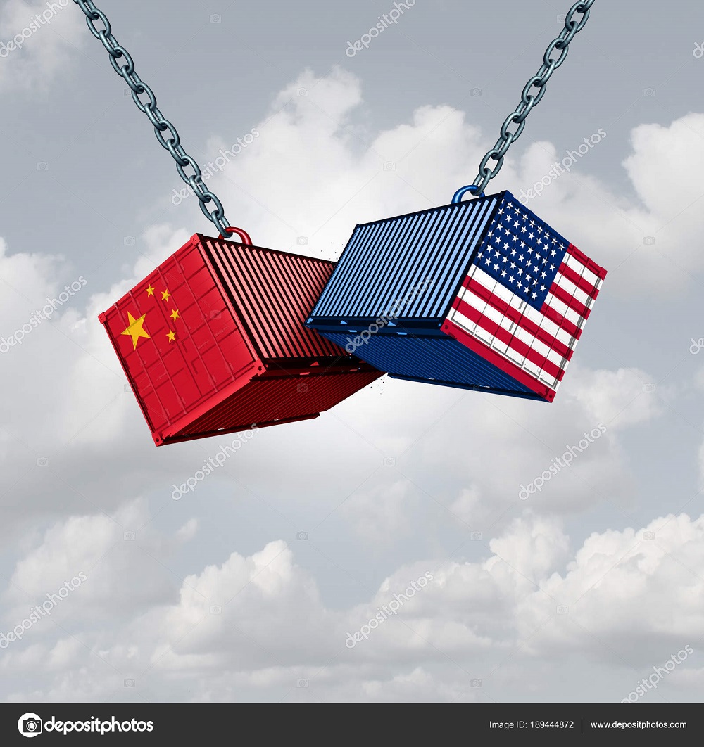 China USA trade war and American tariffs as two opposing cargo freight containers in conflict as an economic dispute over import and exports concept as a 3D illustration.
