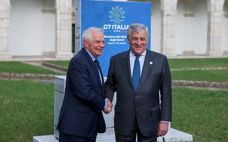 Chefe de política externa da UE, Josep Borrel, é recebido pelo ministro do Exterior iraliano, Antonio Tajani, para encontro do G7, em Capri (REUTERS/Claudia Greco)17/04/2024 REUTERS/Claudia Greco
