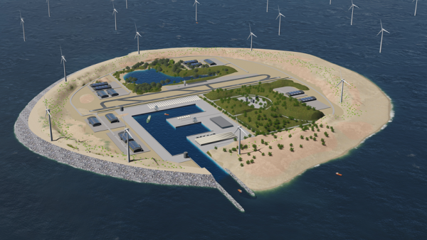 As ilhas artificiais, cercadas por eólicas, funcionarão como central de armazenamento e transmissão de energia. Divulgação