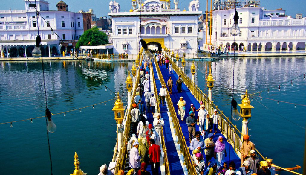 Looking out from the Golden Temple (holiest Sikh shrine), Amritsar, Punjab, India