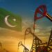 Pakistan oil industry concept, industrial illustration. Fluttering Pakistan flag and oil wells on the blue and yellow sunset sky background - 3D illustration