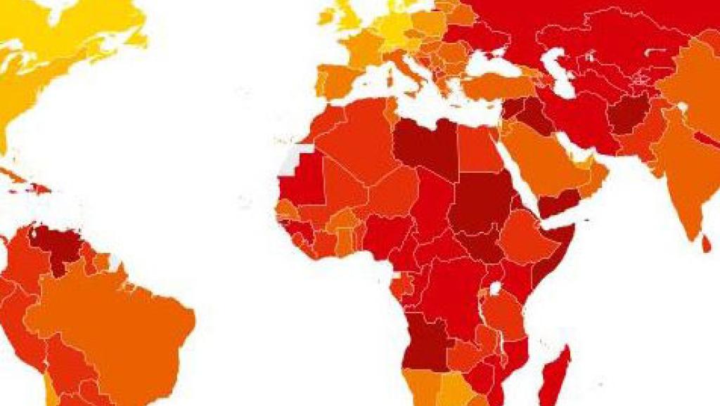 O mapa da corrupção no mundo em 2016, divulgado nesta quarta-feira 25 de janeiro de 2017, pela Transparência Internacional.