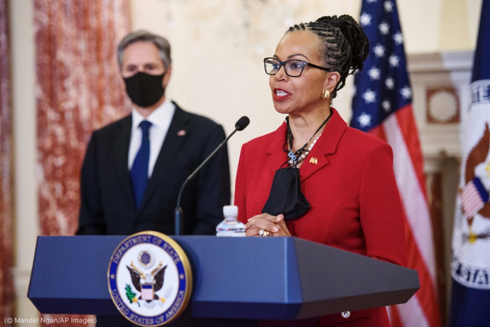 Former ambassador Gina Abercrombie-Winstanley speaks after Secretary of State Antony Blinken announced she would become the first chief diversity officer, in the Benjamin Franklin Room of the State Department, Monday, April 12, 2021 in Washington.  (Mandel Ngan/Pool via AP)