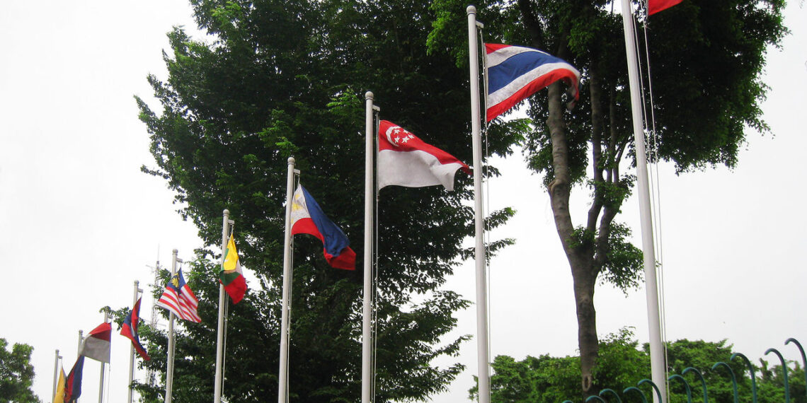 The flags of Association of Southeast Asia Nations (ASEAN) members in ASEAN headquarter at Jalan Sisingamangaraja No.70A, South Jakarta, Indonesia. From left flags of: Brunei, Cambodia, Indonesia, Laos, Malaysia, Myanmar, Philippines, Singapore, Thailand, Vietnam.