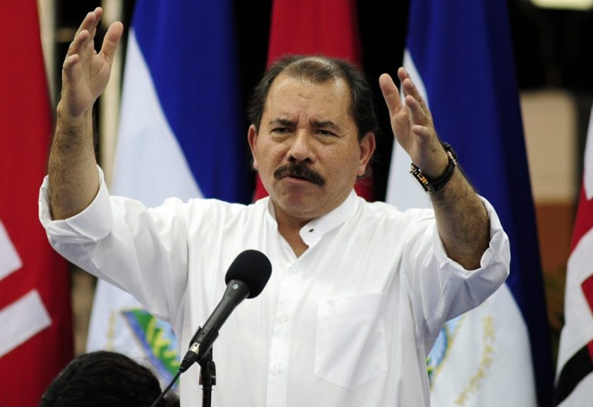 Nicaragua's President Daniel Ortega addresses the audience in Managua October 6, 2011. Ortega handed over 110 buses, purchased in Mexico and with a loan from the American Bank of Economic integration, to the public transportation unions, according to local media.  REUTERS/Jorge Cabrera (NICARAGUA - Tags: POLITICS)
